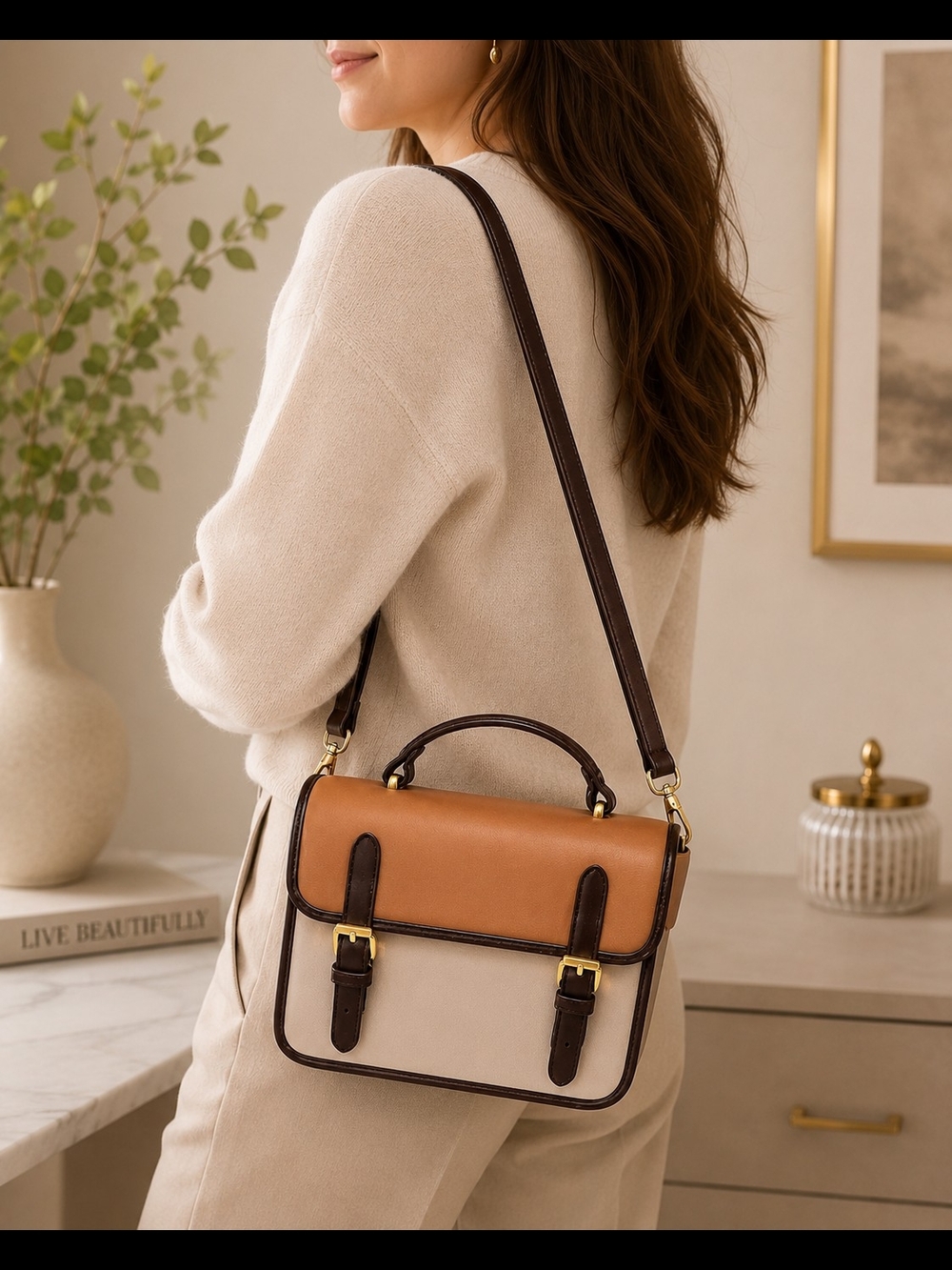 Scarleton Two-Tone Satchel Crossbody Bag | Tan/Cream | Gold Hardware |